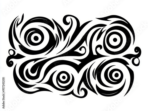 Abstract Black and White Swirling Tattoo Design with Four Concentric Circles and Floral Patterns Tribal