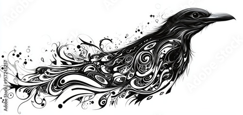 Black White Raven A stylized abstract bird with intricate swirling patterns against a white background Tribal photo