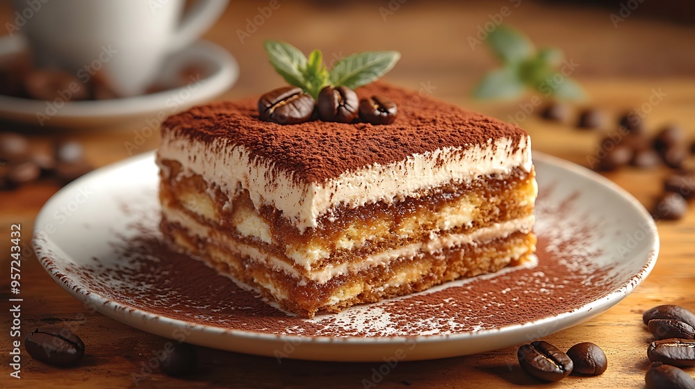 Tiramisu with a dusting of cocoa powder, served on a white dessert plate, with a blurred coffee cup in the background, soft light enhancing the richness and textures of the dessert. Tiramisu with a dusting of cocoa powder, served on a white dessert plate, with a blurred coffee cup in the background, soft light enhancing the richness and textures of the dessert.