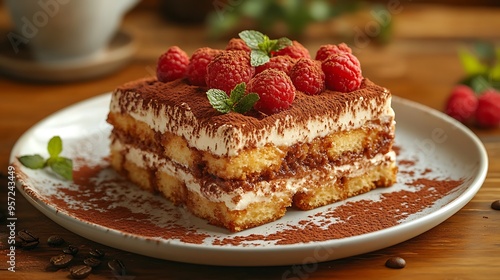 Tiramisu with a dusting of cocoa powder, served on a white dessert plate, with a blurred coffee cup in the background, soft light enhancing the richness and textures of the dessert.