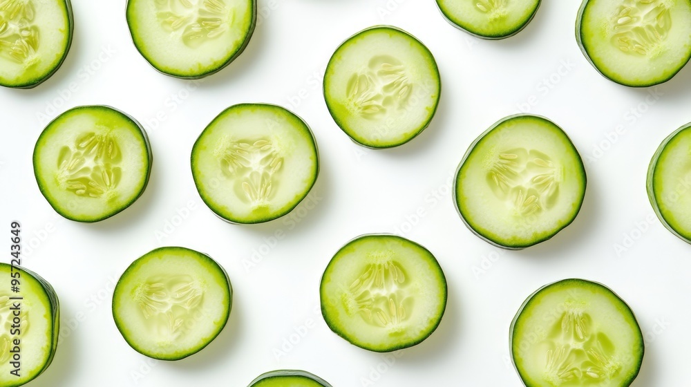 Fresh cucumber slices on a white background pattern Fresh cucumber slices on a white background pattern