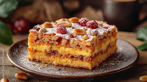 Torta della Nonna with a delicate custard filling, topped with pine nuts and powdered sugar, elegantly presented on a dessert plate, with a blurred espresso cup in the background,