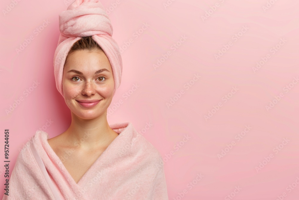 Radiant Young Woman with a Towel Turban on Pink Background Radiant Young Woman with a Towel Turban on Pink Background