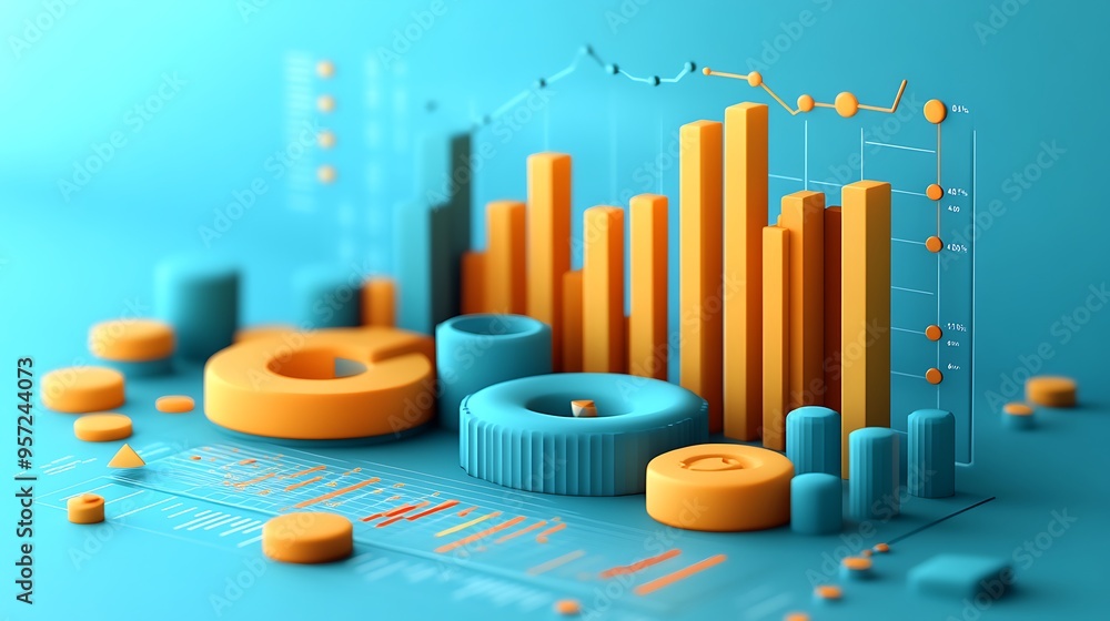 3D rendered colorful business charts and graphs on blue background. 3D rendered colorful business charts and graphs on blue background.