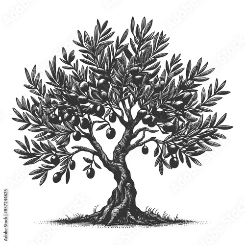olive tree full of ripe olives, set in a serene landscape with intricate root system and foliage sketch engraving generative ai vector illustration. Scratch board imitation. Black and white image.