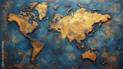 Fototapeta Naklejka Na Ścianę i Meble -  A golden world map embossed on a blue and brown textured background.