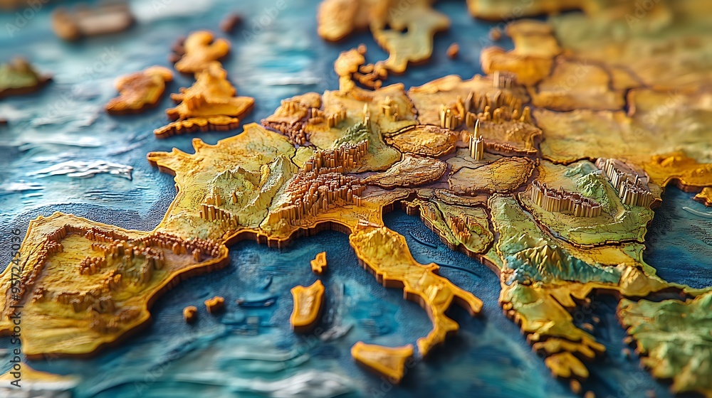 Closeup of a 3D map of Europe, showing its topography with detailed landforms and colors. Closeup of a 3D map of Europe, showing its topography with detailed landforms and colors.