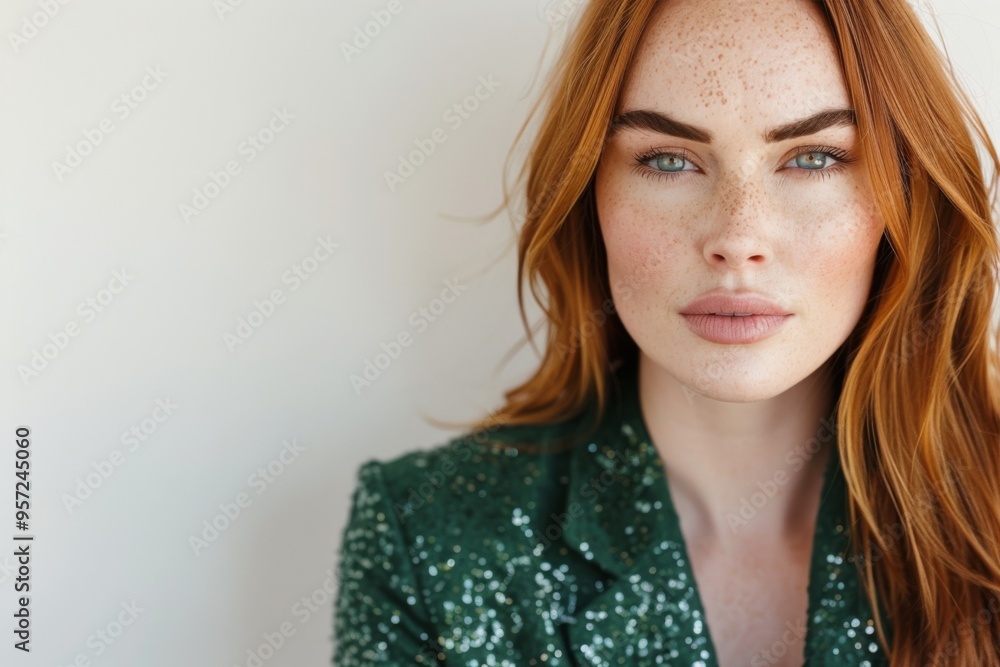 Stunning Redhead Woman with Freckles in Green Sequin Attire Stunning Redhead Woman with Freckles in Green Sequin Attire