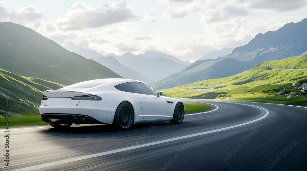 Fototapeta premium White car rushing along a high-speed highway in the sun.