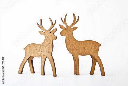 Light brown rustic reindeer decorations against a pure white setting.