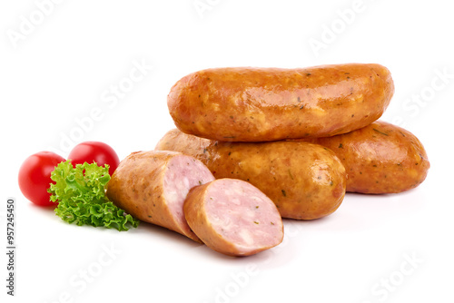 Grilled sausages, Oktoberfest dishes, isolated on white background photo