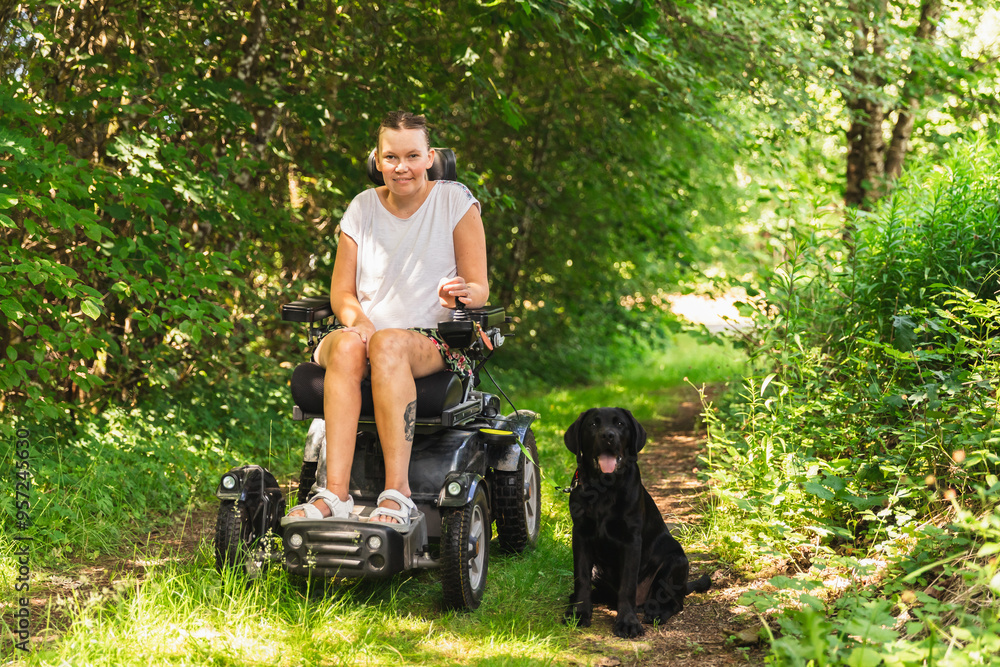 Person with a disability and Her Dog Enjoying a Forest Walk