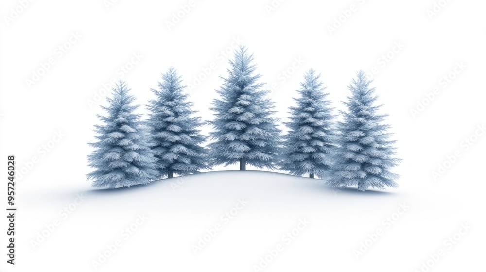 Obraz premium A detailed watercolor illustration showcases a group of pine trees cloaked in fresh snow, capturing the serene beauty of a winter landscape with soft shadows and vibrant colors