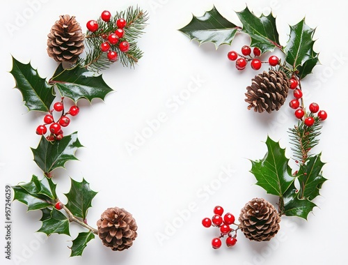 White Background Featuring Holly Leaves and Red Berries in a Flat Lay.