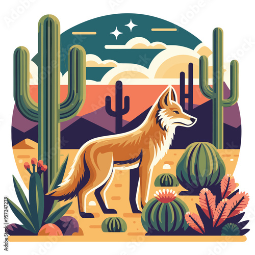Illustrated coyote in desert landscape with cacti, vector drawing, nature art for decoration