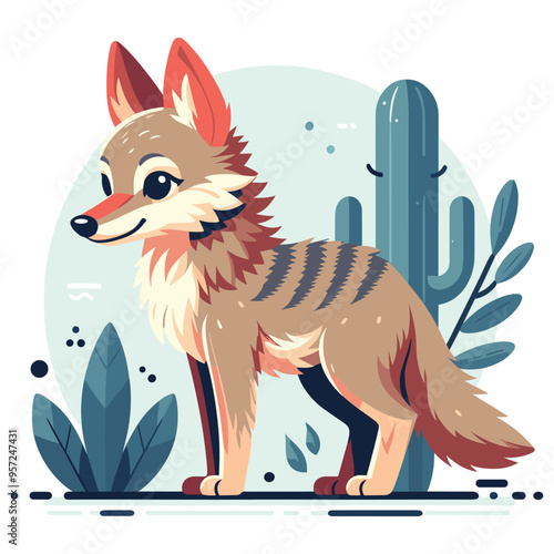 Cartoon coyote illustration with a happy mood standing against desert background, perfect for children books photo