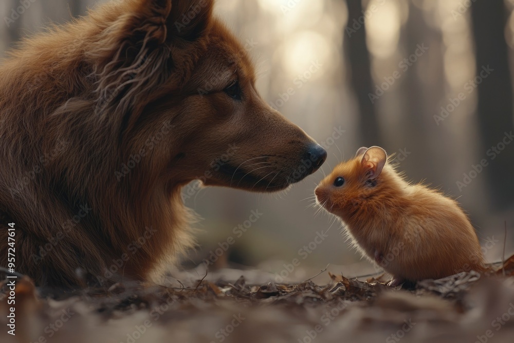 Naklejka premium Dog and Hamster Facing Each Other in a Forest
