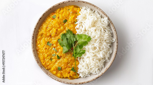 Dal rice garnished with cilantro isolated on white background 