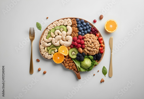 Creative arrangement of fruits, nuts, and vegetables shaped like a brain, symbolizing nutritious foods for brain health and function.
