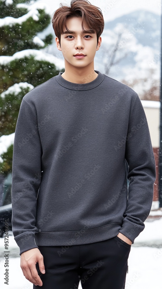 A Korean male model stands confidently on the snowy ground wearing a sleeveless, deep-colored cotton sweatshirt, surrounded by picturesque mountains and evergreen trees A Korean male model stands confidently on the snowy ground wearing a sleeveless, deep-colored cotton sweatshirt, surrounded by picturesque mountains and evergreen trees