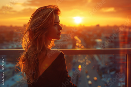 A successful woman stands on her luxurious balcony, basking in warm glow of a golden sunrise, with a panoramic view of city unfolding before her, vibrant hues of morning sky casting a radiant glow on  photo