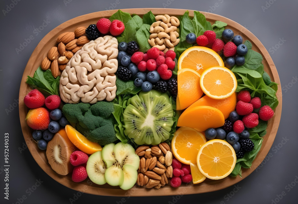 Creative arrangement of fruits, nuts, and vegetables shaped like a brain, symbolizing nutritious foods for brain health and function.
Creative arrangement of fruits, nuts, and vegetables shaped like a brain, symbolizing nutritious foods for brain health and function.