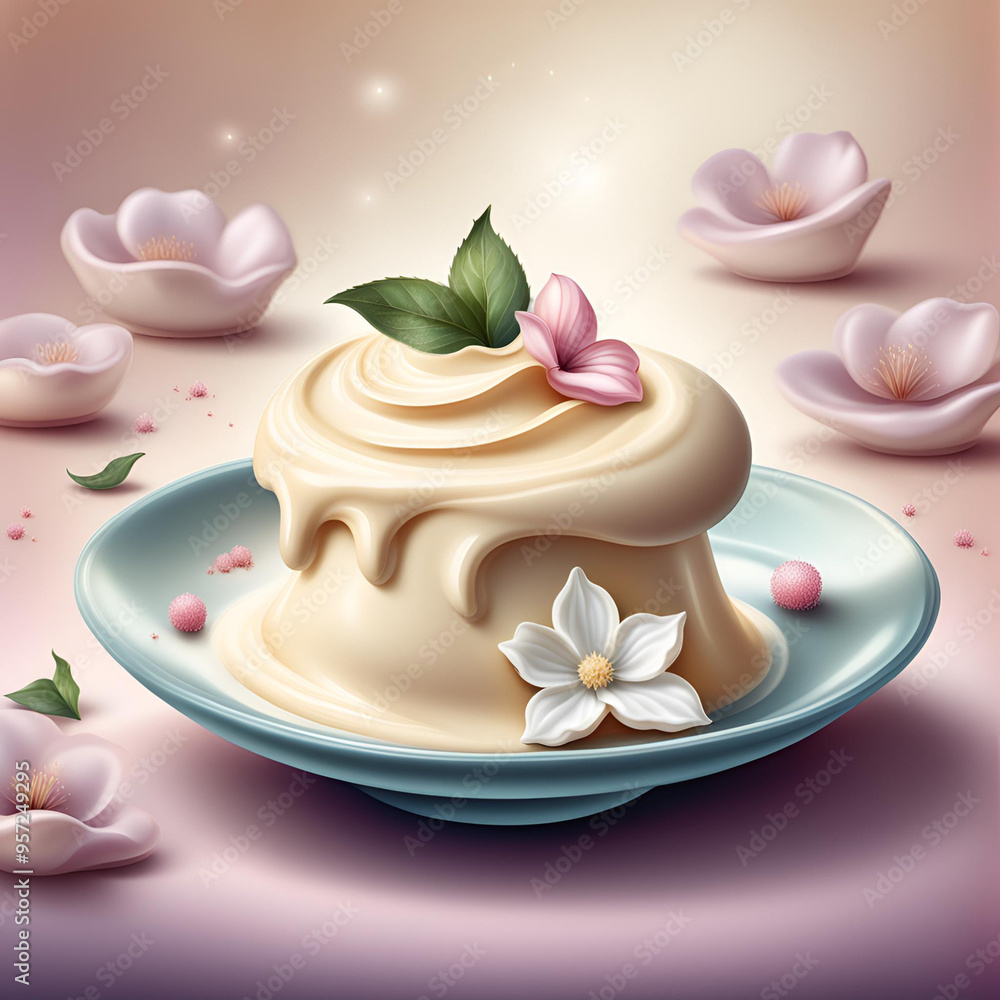 Creme e fava de baunilha, com flor. Creme e fava de baunilha, com flor.