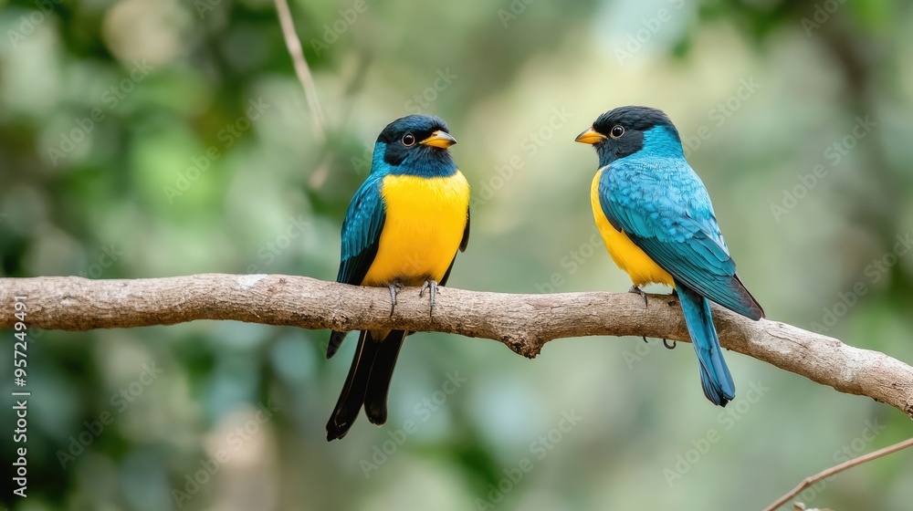 Two stunning tropical birds perched on a branch amidst lush greenery, showcasing vibrant colors and a tranquil forest atmosphere Two stunning tropical birds perched on a branch amidst lush greenery, showcasing vibrant colors and a tranquil forest atmosphere