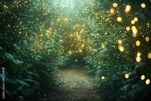 Woodland Christmas theme with gold fairy lights on a lush green backdrop.