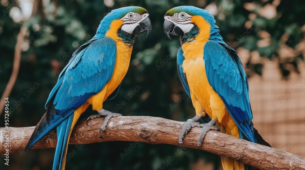 Obraz premium Two stunning tropical birds perched on a branch amidst lush greenery, showcasing vibrant colors and a tranquil forest atmosphere