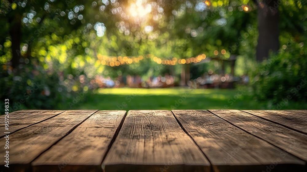 A beautifully lit wooden table in a serene outdoor setting, surrounded by lush greenery and twinkling lights, perfect for gatherings. A beautifully lit wooden table in a serene outdoor setting, surrounded by lush greenery and twinkling lights, perfect for gatherings.