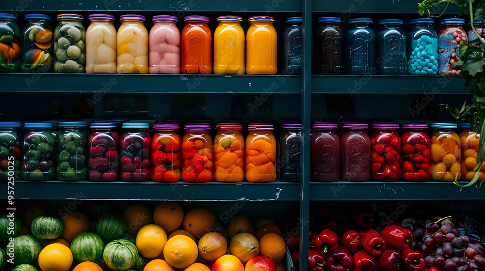 A vibrant display of fresh fruits and colorful jars of juice on shelves in a store or market. Ideal for themes related to healthy living, fresh produce, organic food, and nutrition. A vibrant display of fresh fruits and colorful jars of juice on shelves in a store or market. Ideal for themes related to healthy living, fresh produce, organic food, and nutrition.