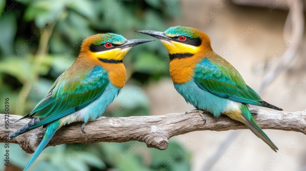 Fototapeta premium Two stunning tropical birds perched on a branch amidst lush greenery, showcasing vibrant colors and a tranquil forest atmosphere