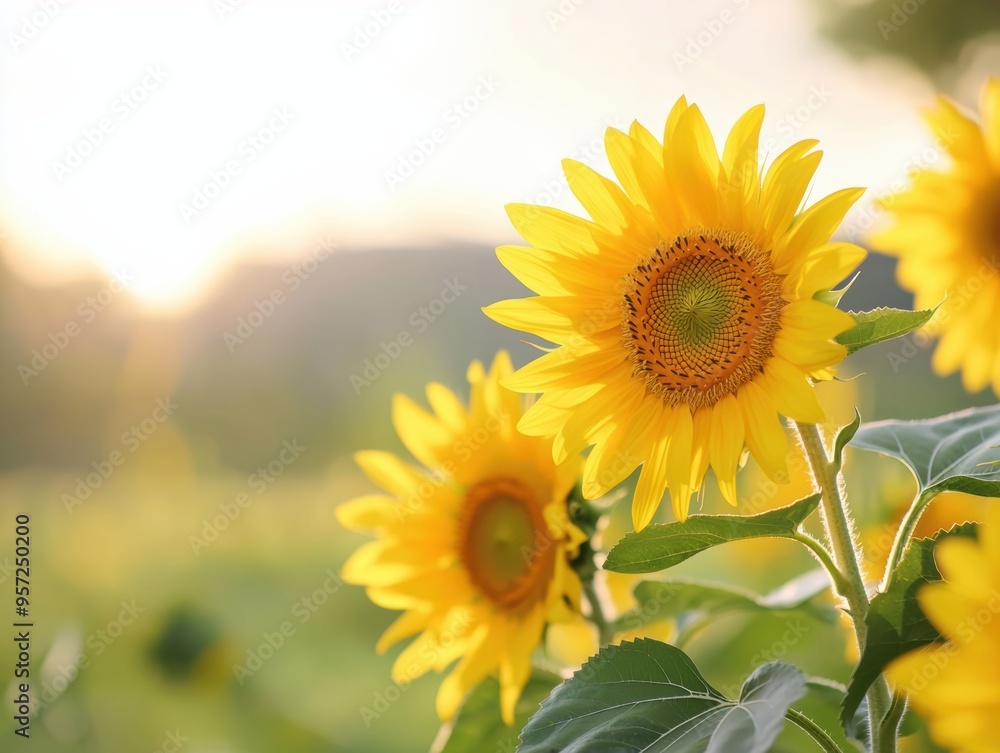 Fototapeta premium Bright Sunflowers in Full Bloom During a Serene Autumn Morning with Soft Sunlight