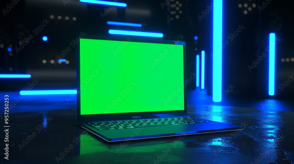 3d illustration of a laptop with a green screen 3d illustration of a laptop with a green screen