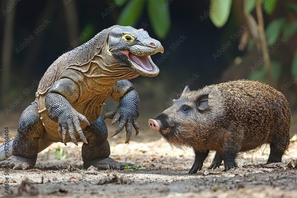 Komodo Dragon Facing a Wild Boar in a Forest Setting Komodo Dragon Facing a Wild Boar in a Forest Setting