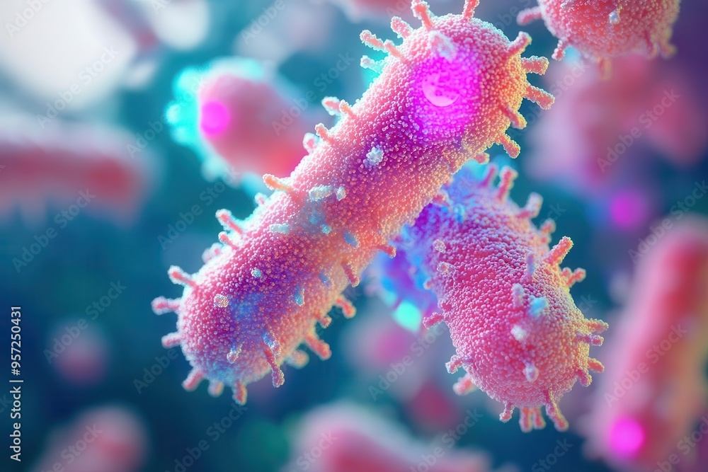 Fototapeta premium Colorful microscopic view of bacteria, showcasing vibrant structures and intricate details under high magnification.