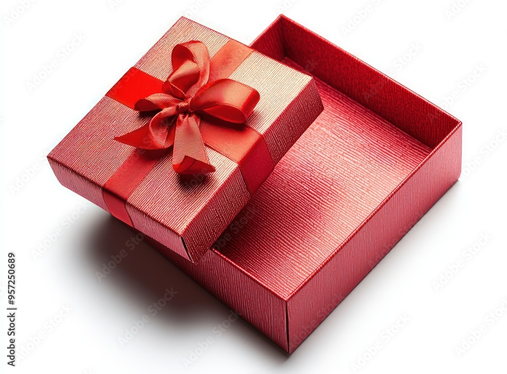 Red open gift box with ribbon, high-resolution photo isolated on a white background. Red open gift box with ribbon, high-resolution photo isolated on a white background.
