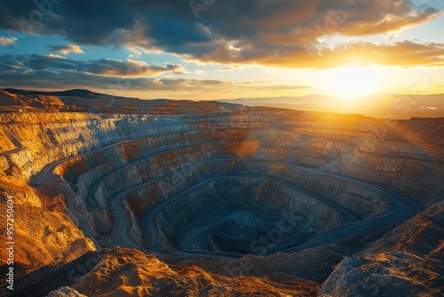 A large open pit mine with yellow and orange rocks, white sandstone walls, golden hour lighting photo