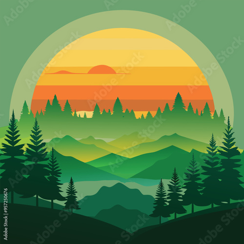 Sunset landscape vector illustration
