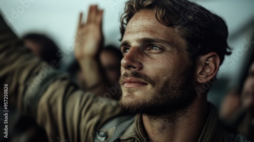 A young man with a determined look on his face raises his hand in a salute, symbolizing determination, respect, and patriotism, against a backdrop of comrades.