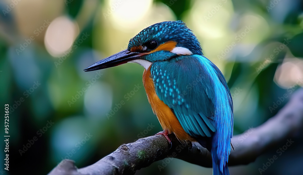 Fototapeta premium A cute blue and orange kingfisher sitting on a tree