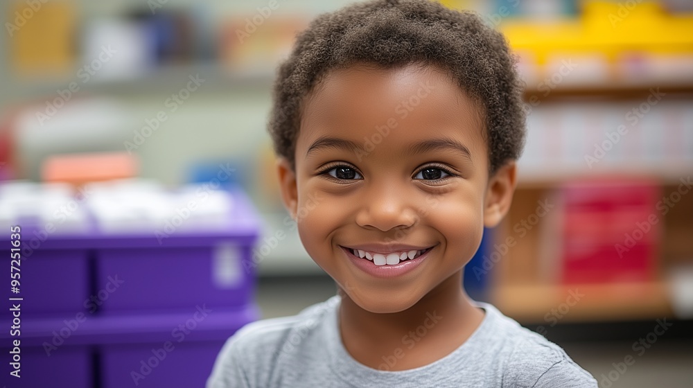 portrait of a smiling African-American boy. A child in a classroom, facing away from the camera, with educational materials in the background. portrait of a smiling African-American boy. A child in a classroom, facing away from the camera, with educational materials in the background.