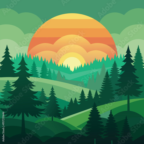 Sunset landscape vector illustration