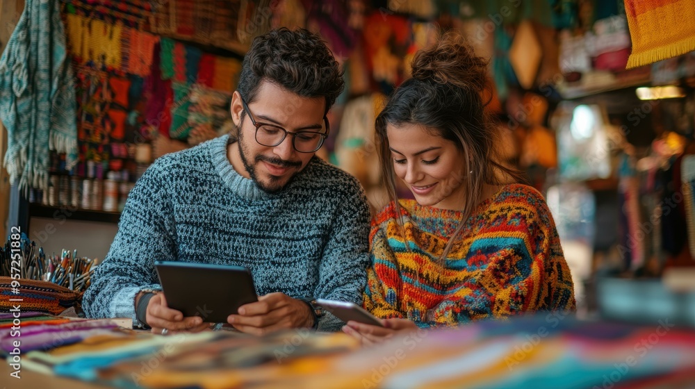 Fototapeta premium A couple dressed in colorful sweaters browses on tablets in a vibrant market filled with woven textiles useful for themes around tech use in traditional settings, travel, or enjoying cultural markets