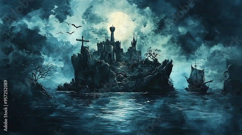 Haunted island, pirate treasure buried under ancient curse, eerie atmosphere, Watercolor style photo