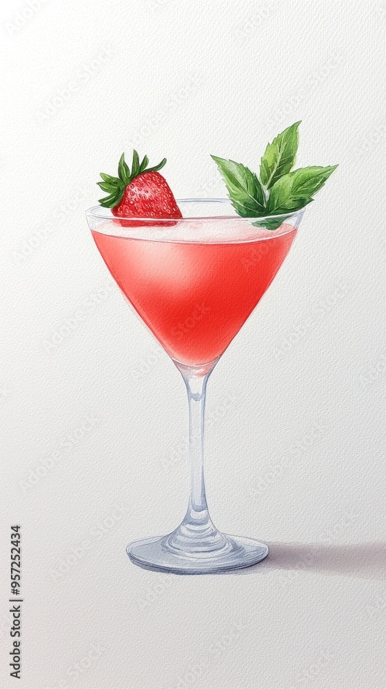 Refreshing cocktail with strawberry and mint garnish, ideal for summer gatherings and parties. watercolor style Refreshing cocktail with strawberry and mint garnish, ideal for summer gatherings and parties. watercolor style