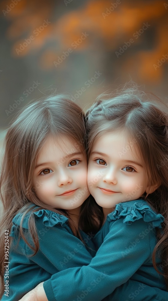 Two little girls share a joyful moment outdoors, smiling broadly while wearing long-sleeved shirts and denim jeans, creating a heartwarming family memory
