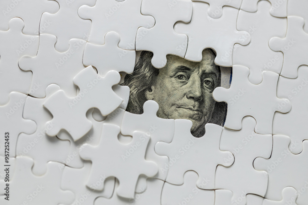 custom made wallpaper toronto digitalAmerican dollar hidden under puzzle pieces, business concept, USA currency, market analysis, USD exchange rate. copy space, close up