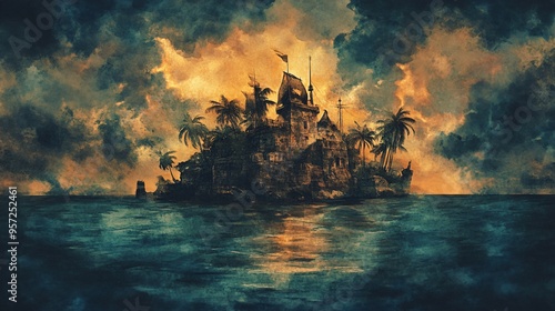 Haunted island, pirate treasure buried under ancient curse, eerie atmosphere, Watercolor style photo